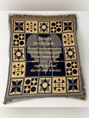 VTG Sisters Poem Woven Tapestry Throw Blanket Fringe 45x53 Navy Gold Cotton Gift